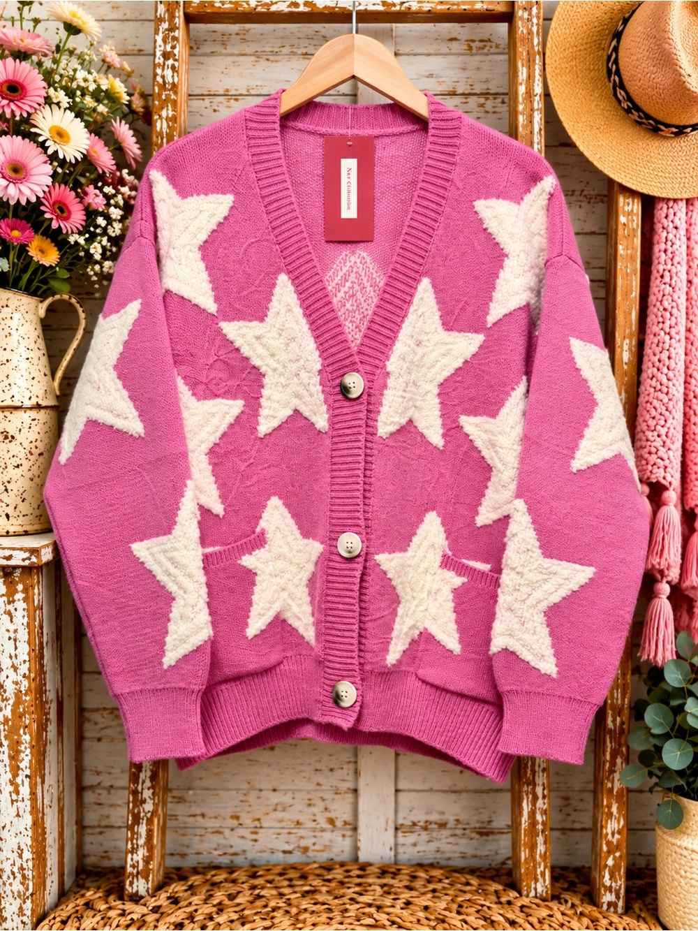 Unbranded Women's Pink Star-Pattern Cardigan